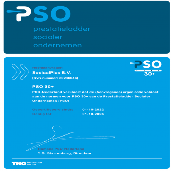 SociaalPlus is PSO 30+ ABW gecertificeerd